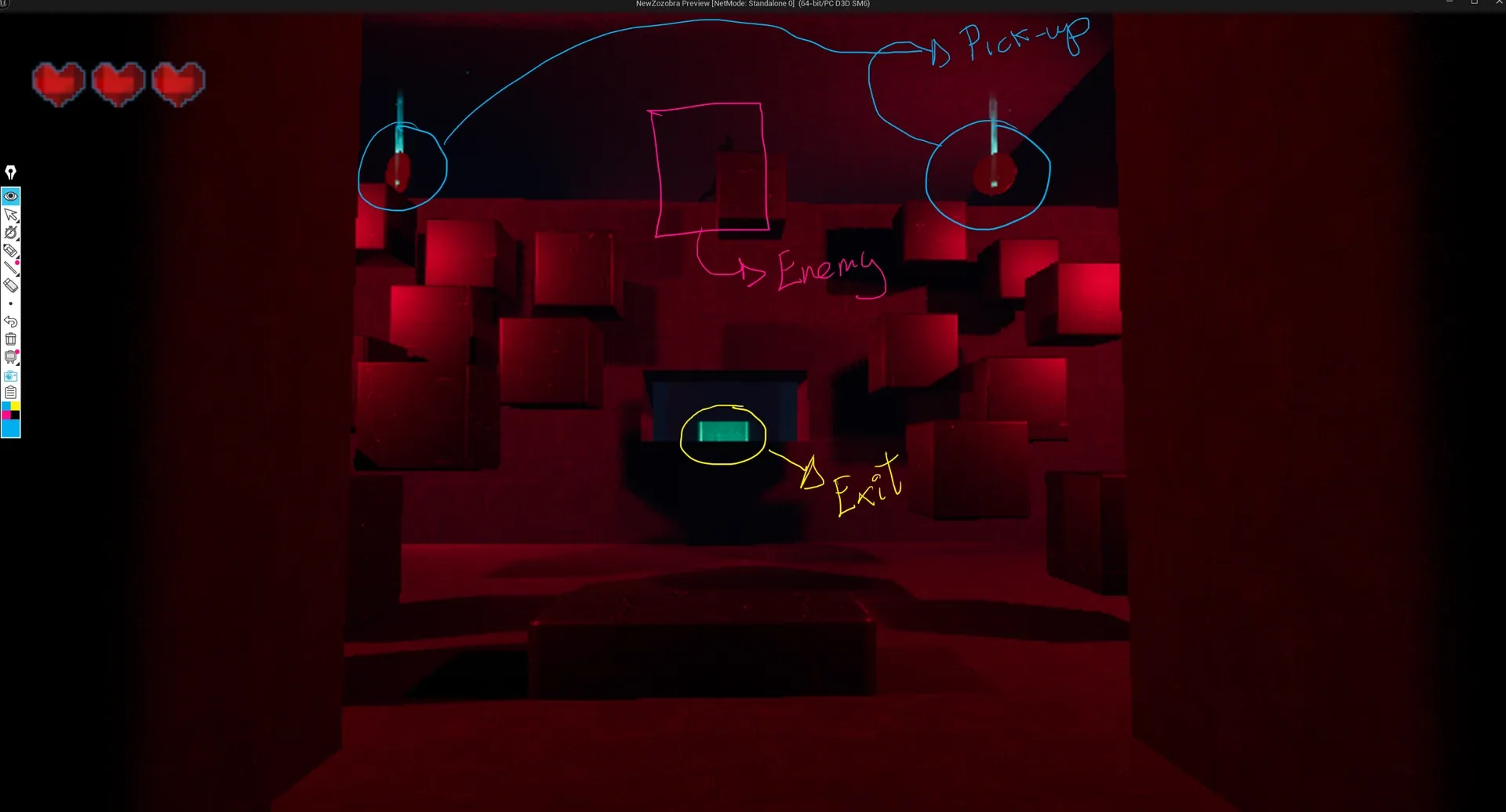 In-game capture with design notes: two pickups, an enemy, the exit seen through an opening, and the room lighting.