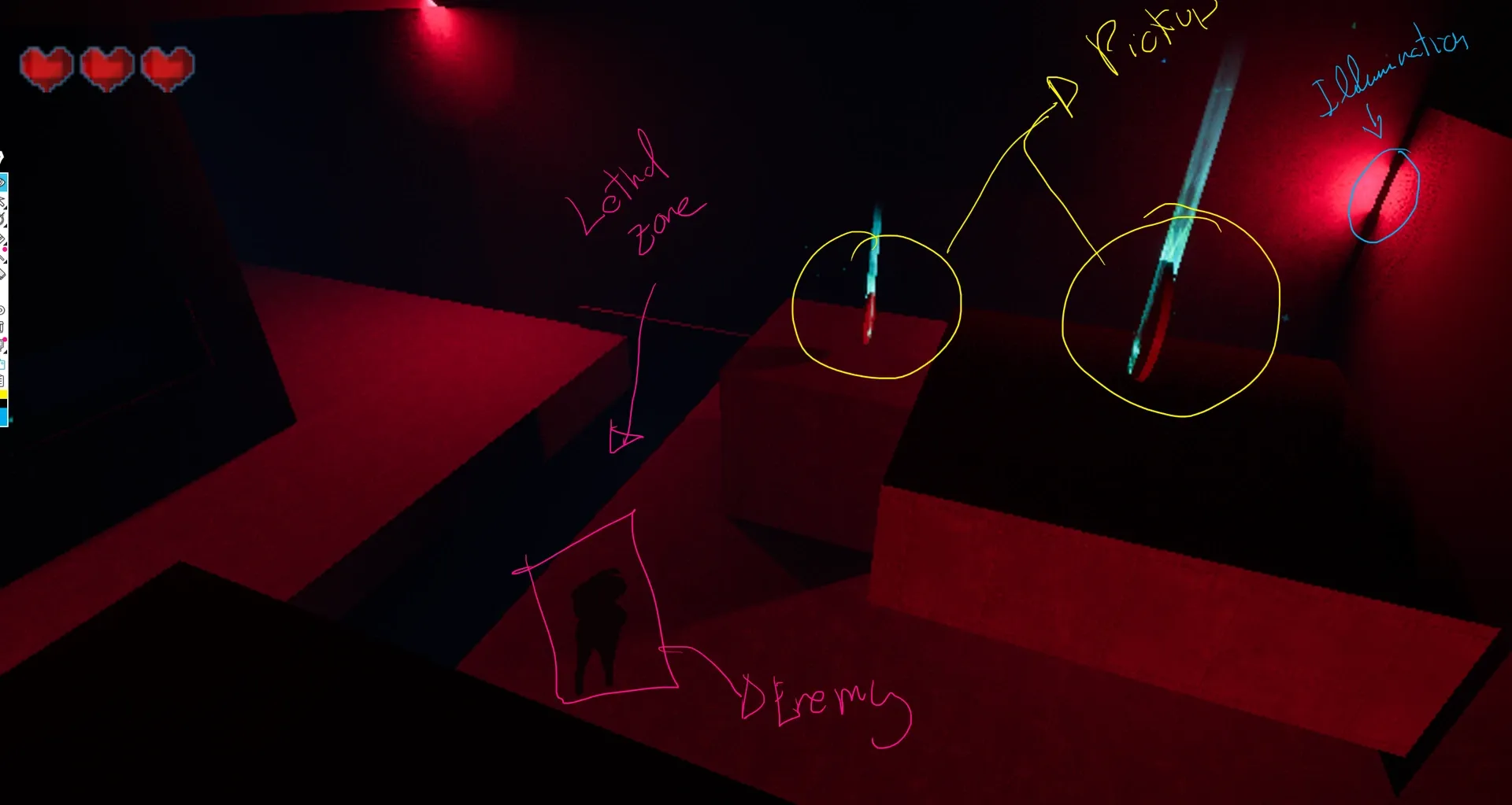 In-game capture with design notes marking a lethal zone, an enemy, two pickups and a red light used as illumination.