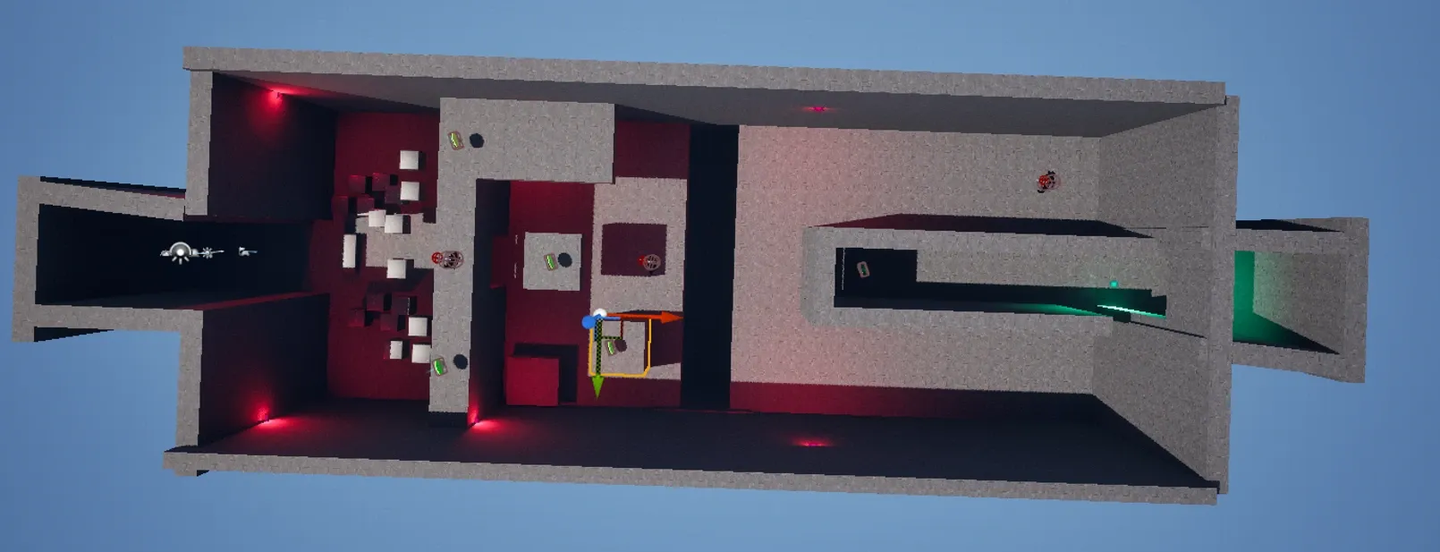 Top-down view of the blockout in Unreal Engine: red-lit rooms on the left, a lethal gap in the middle and a green-lit exit on the right.